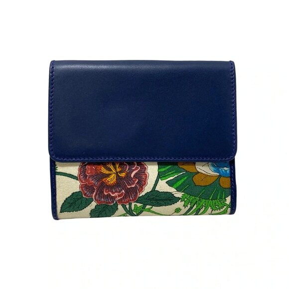 GUCCI Old Gucci/Flora - Cream Navy Multi Canvas Leather Double-hook Wallet - Picture 2 of 7